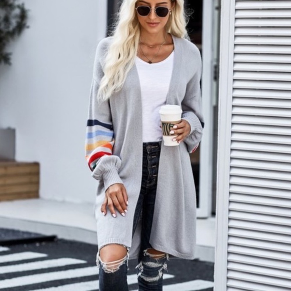 Multi-color striped sleeve fall knit long cardigan